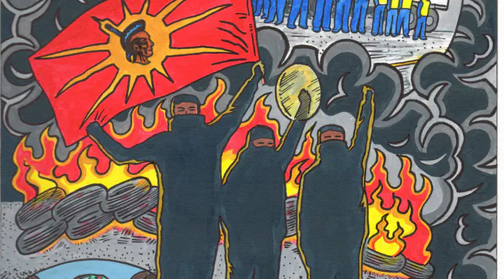 Drawing of masked people with arms raised holding drum and unity flag in front of burning tire barricade