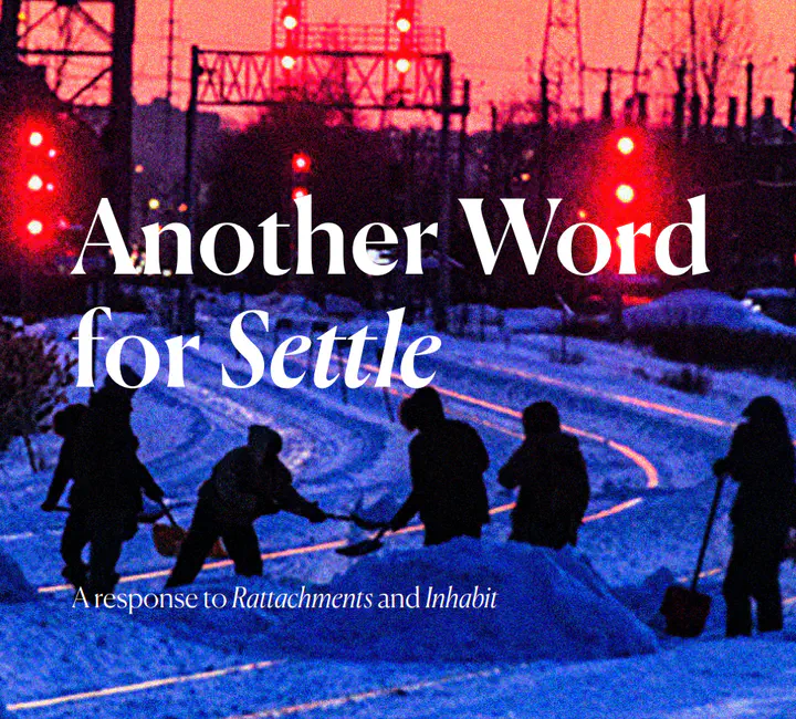 Photo of a group of silhouetted figures shoveling snow barricades onto a train track in the twilight, with the title and subtitle superimposed on the image.