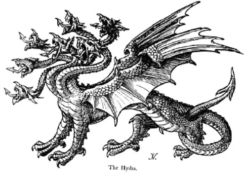 Drawing of a hydra monster with caption The Hydra