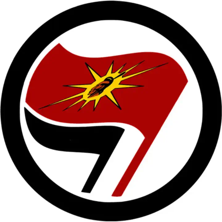 Black and red flags antifascist logo with a unity flag symbol on the red flag